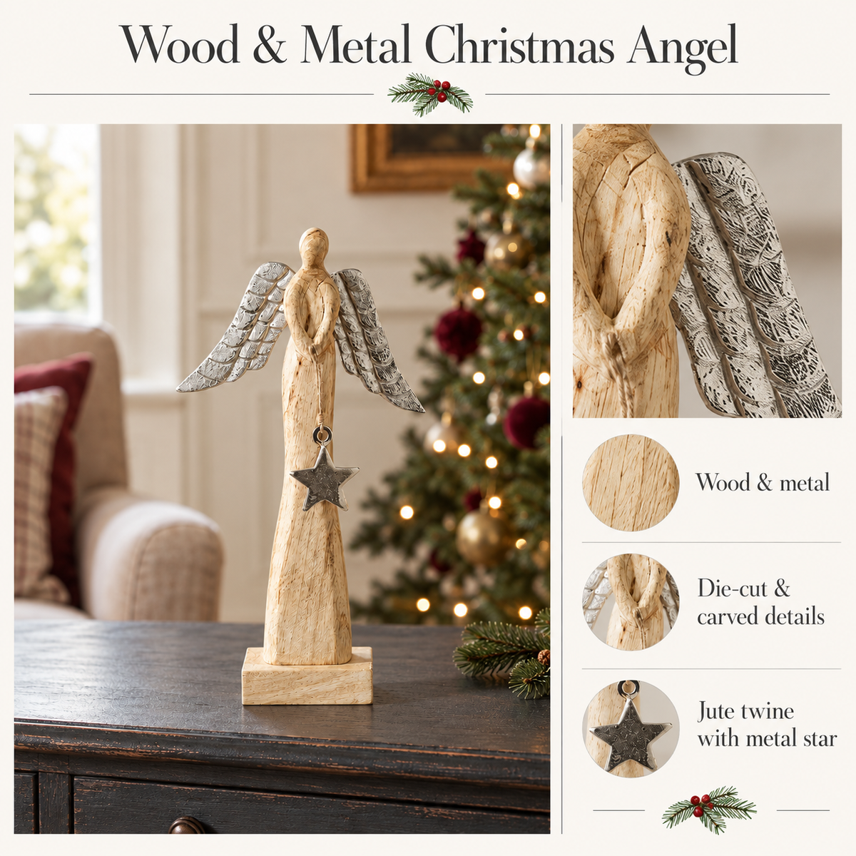 Heavenly Wings Natural Wooden Angel Small 9.25x5.25x2