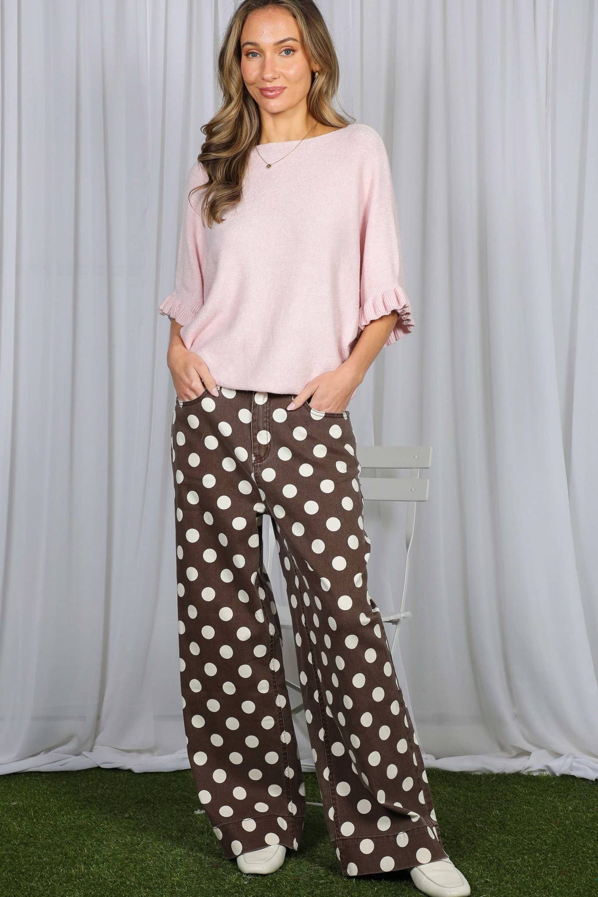 Polka Dot Straight Leg Cotton Denim Span Pants VP83369B