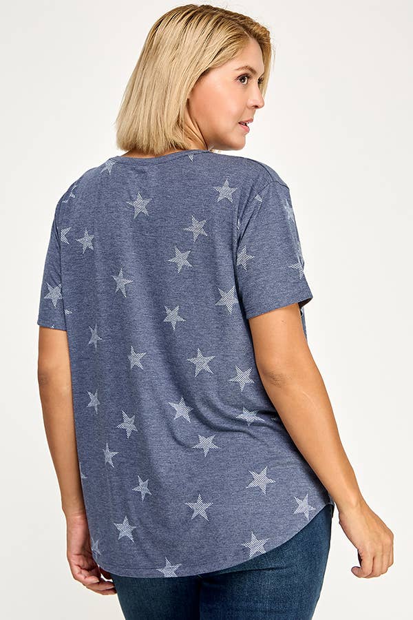 V NECK SHORT SLEEVE TEE WITH STAR PRINT