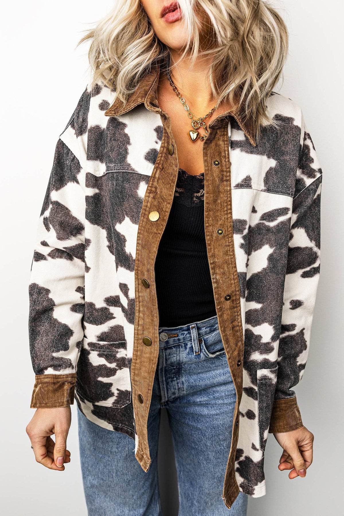 LDC Western Cow Print Long Sleeve Button-Up Denim Jacket