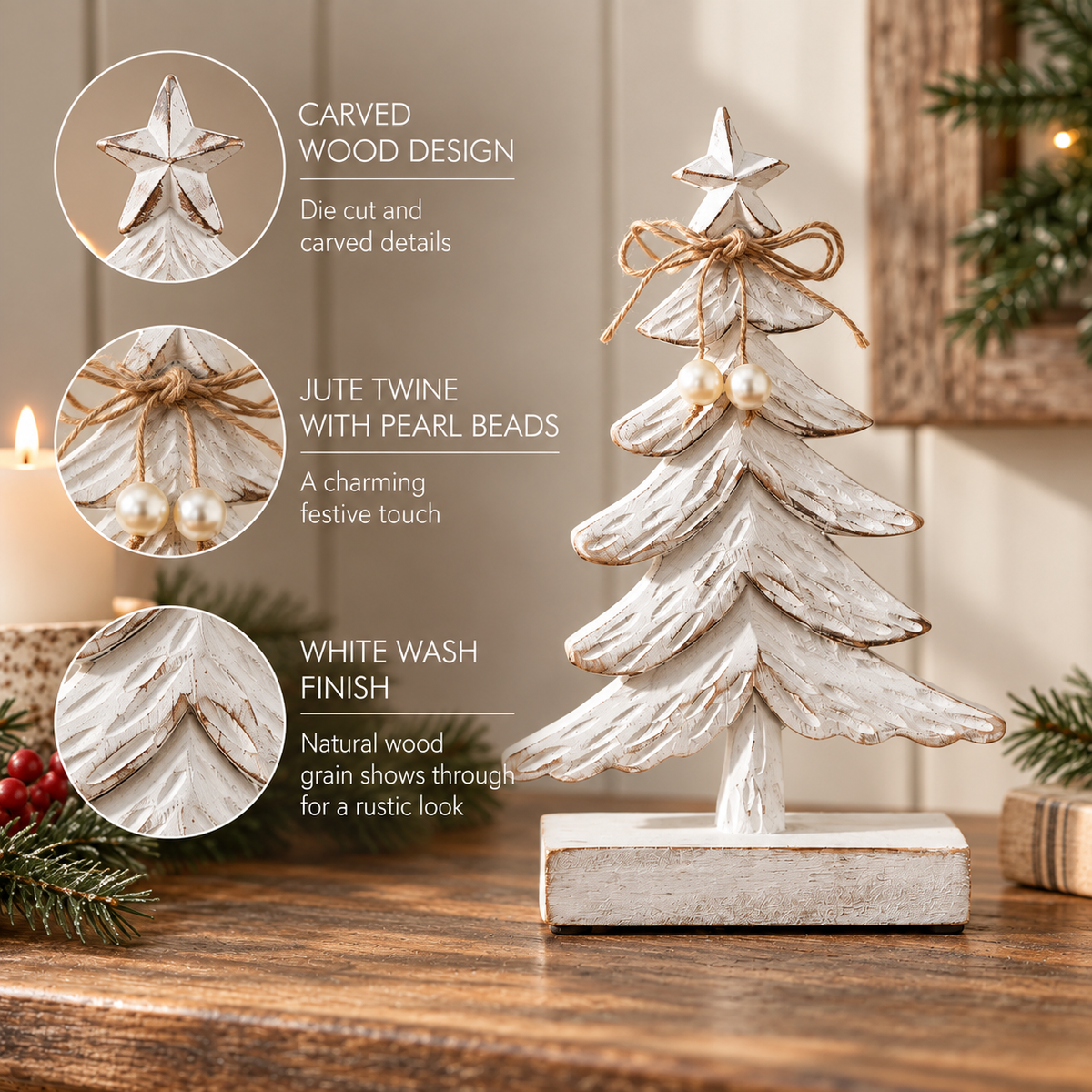 White Wooden Tree Small 9.5x6x2.25 Festive Fir