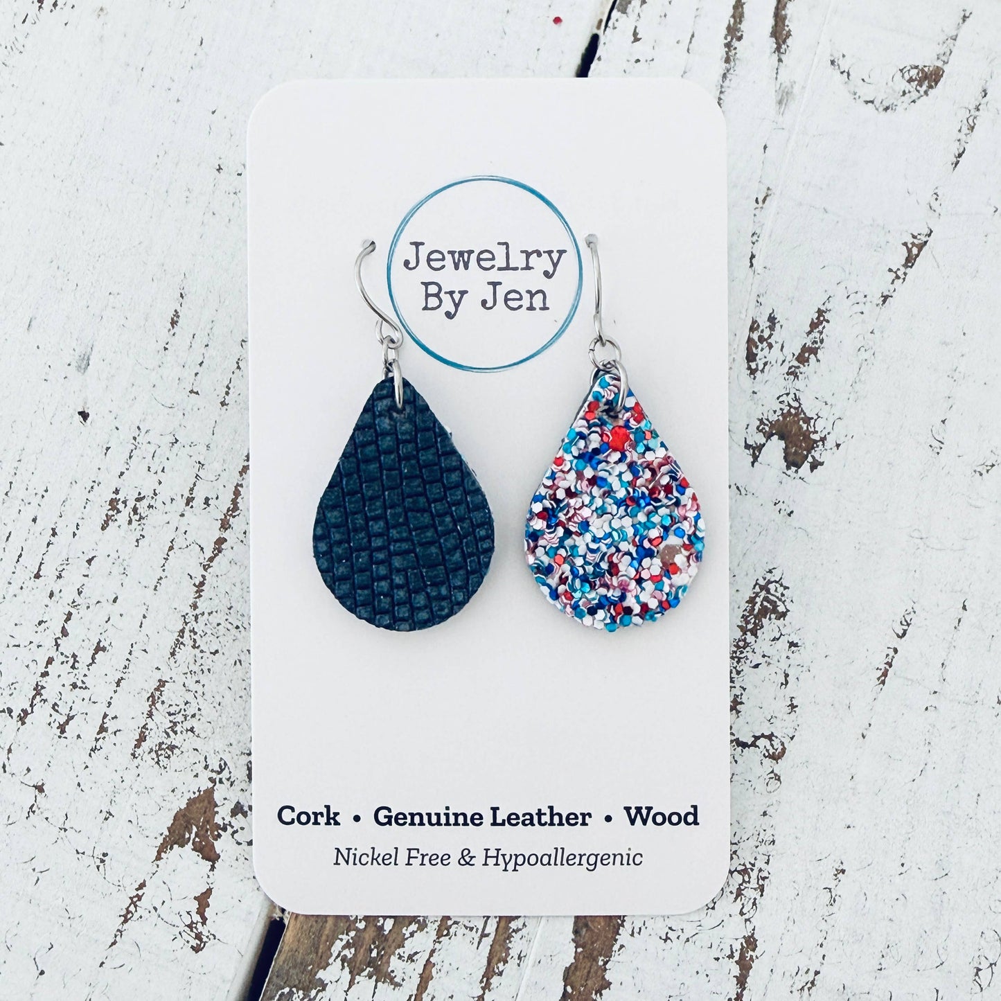 Small Teardrop Earrings: Red/White/Blue Glitter