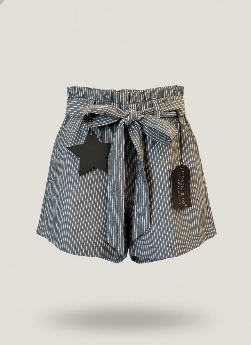 Grey & White Striped Tie-Front Elastic Waist Shorts