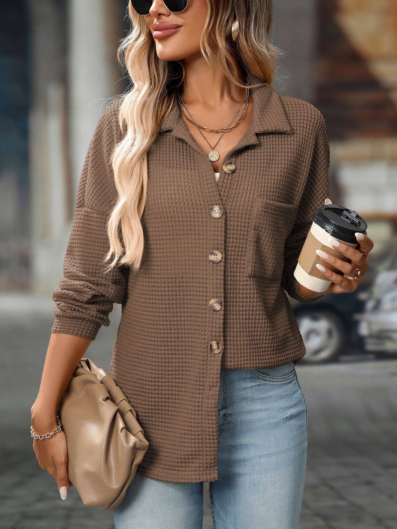 Waffle Knit Button Down Shacket Relaxed Fit Jacket