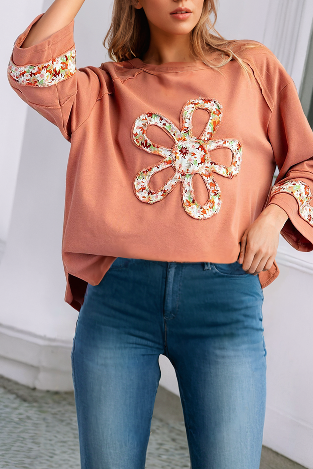 LDC Flower Patch Graphic Exposed Seam Wide Sleeve Loose Top