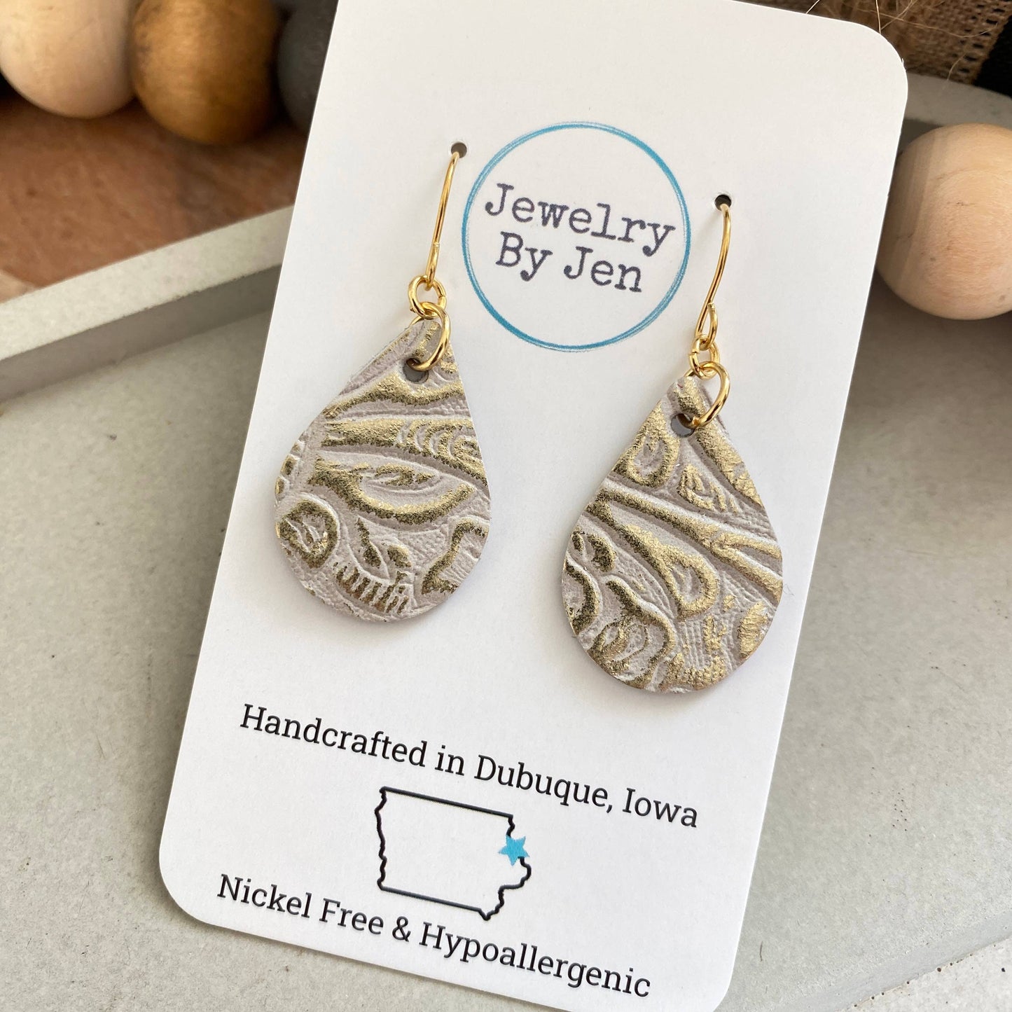 Small Teardrop Earrings: Cream & Platinum Tooled