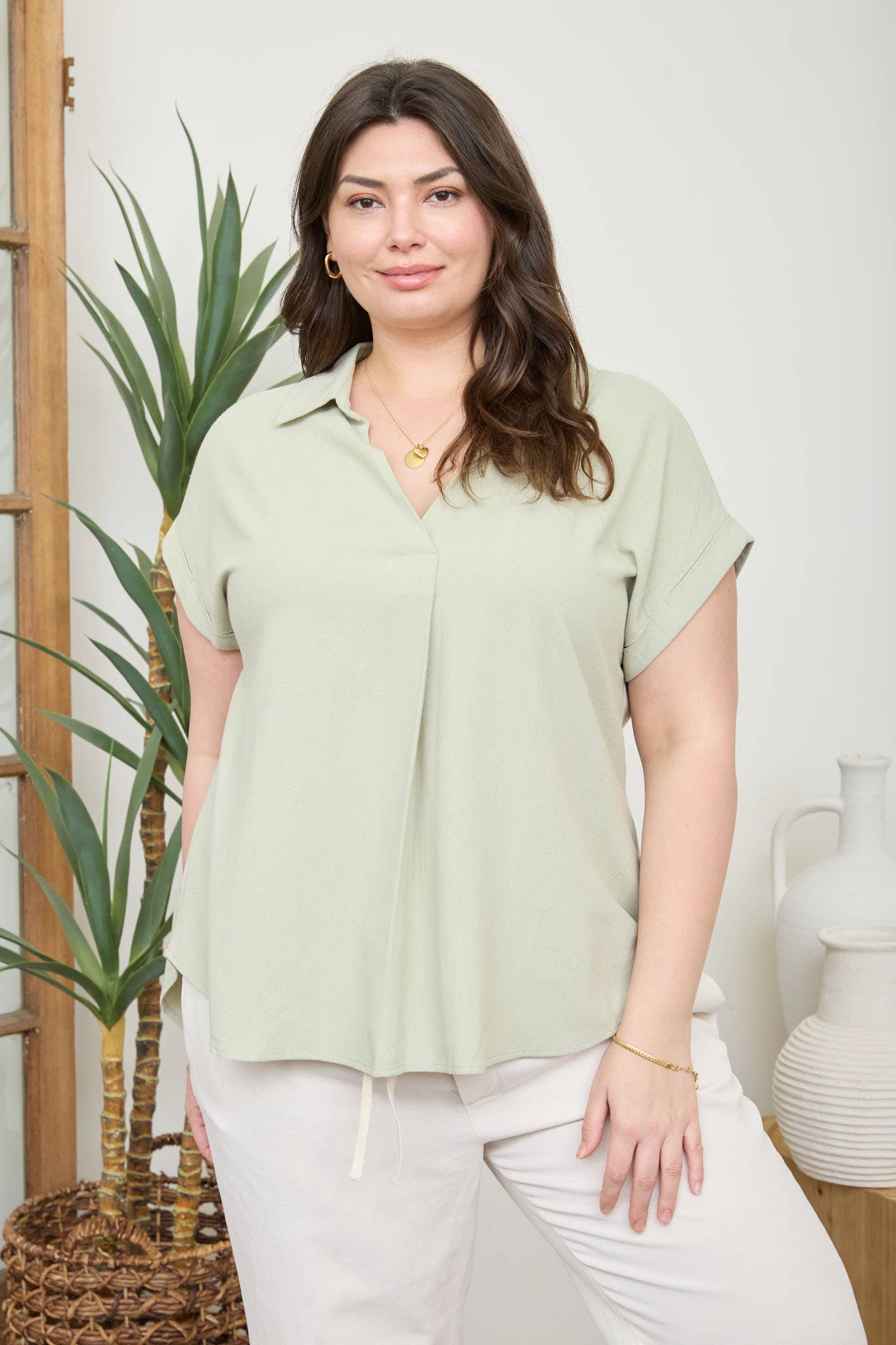 PLUS COLLARED SPLIT NECK CUFF SLEEVE LINEN TOP