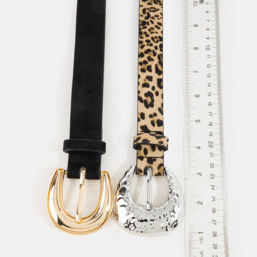 Two Piece Vegan Leather Black And Leopard Belt Set