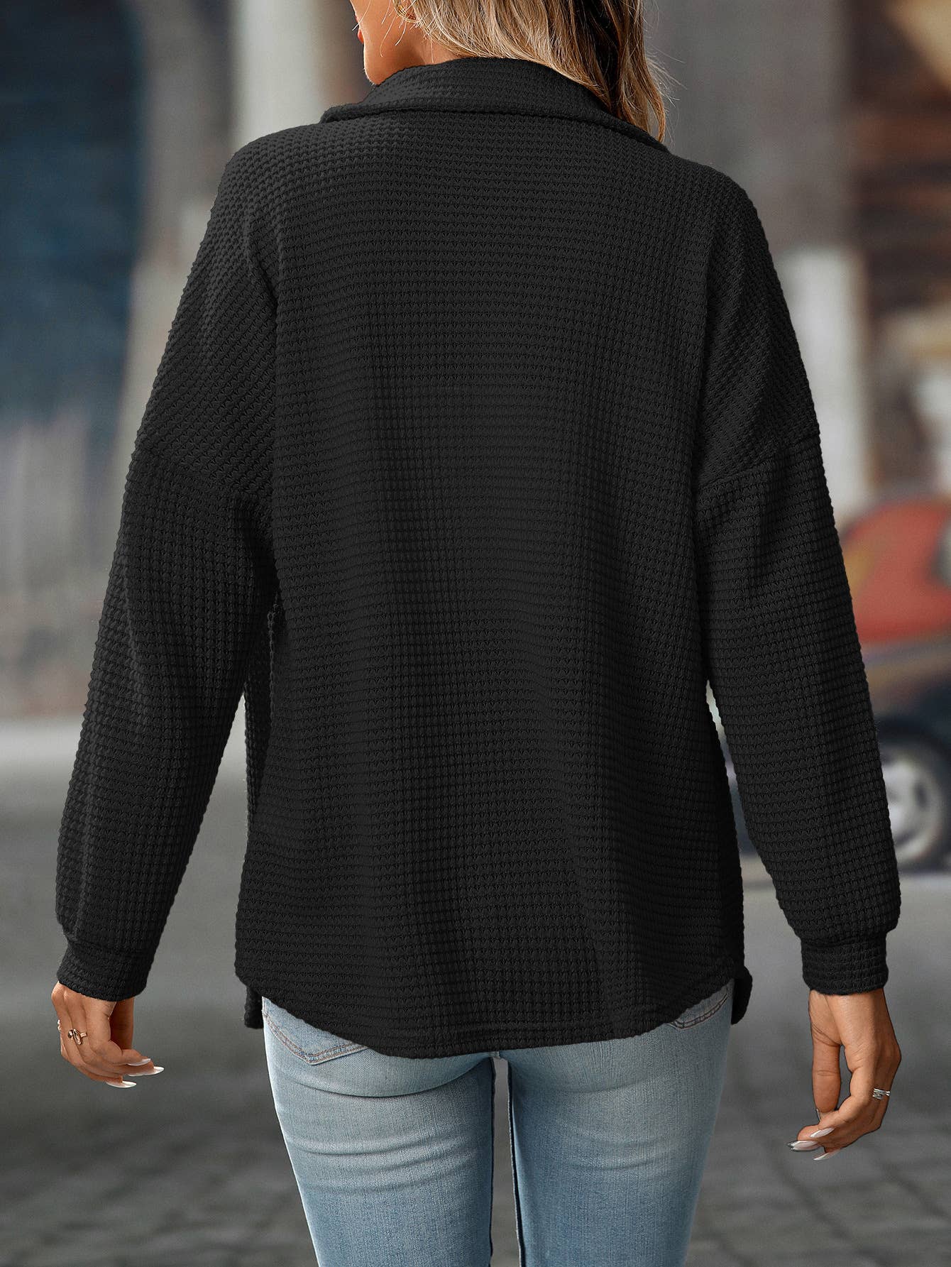 Waffle Knit Button Down Shacket Relaxed Fit Jacket