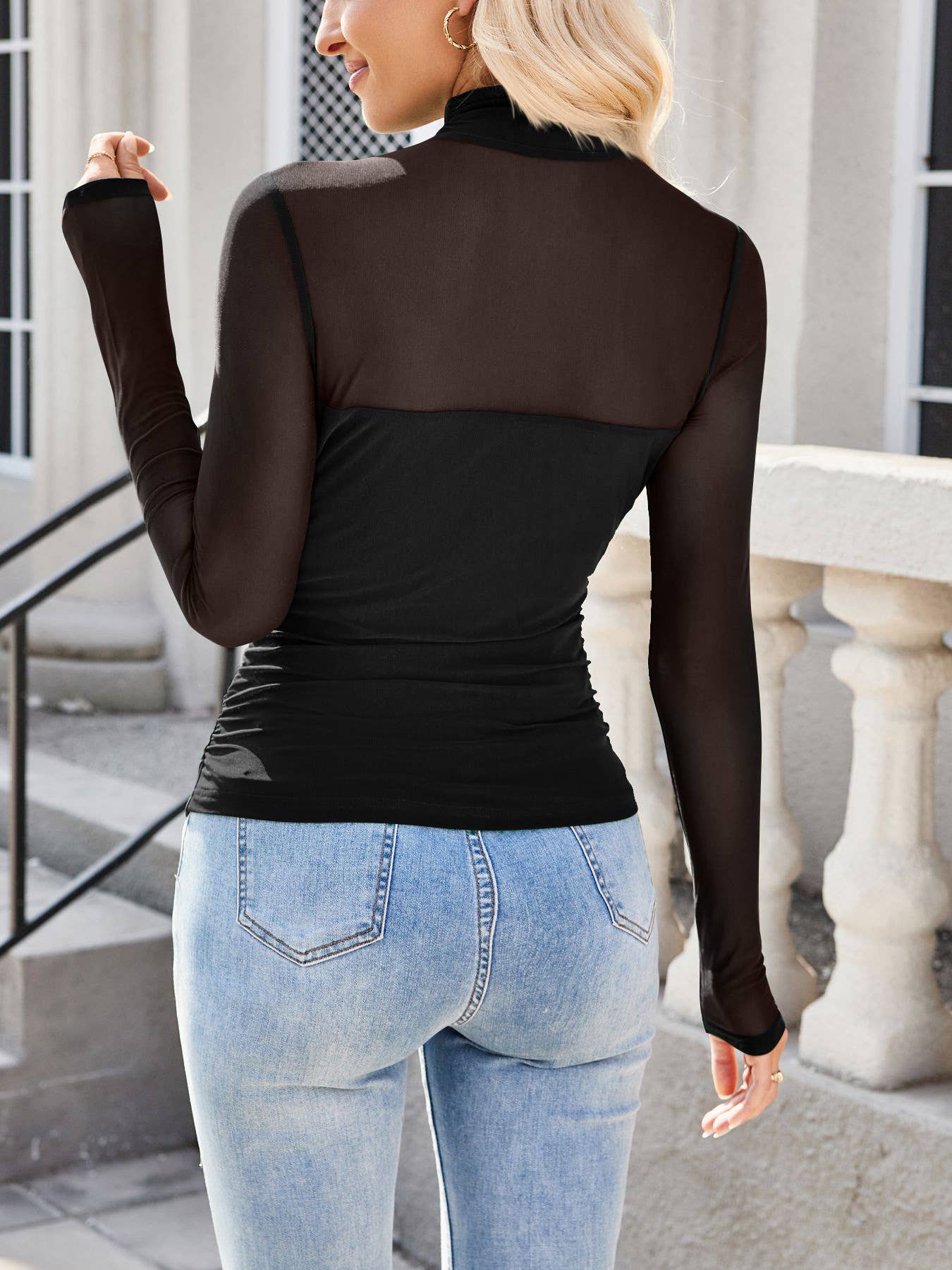 Solid Mesh Long Sleeve Top