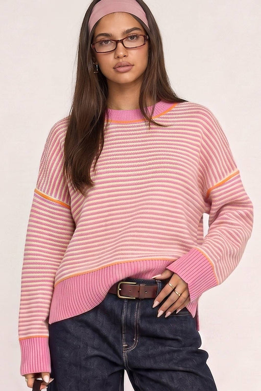 12W3691N-Contrast Trim Stripe Knit Sweater