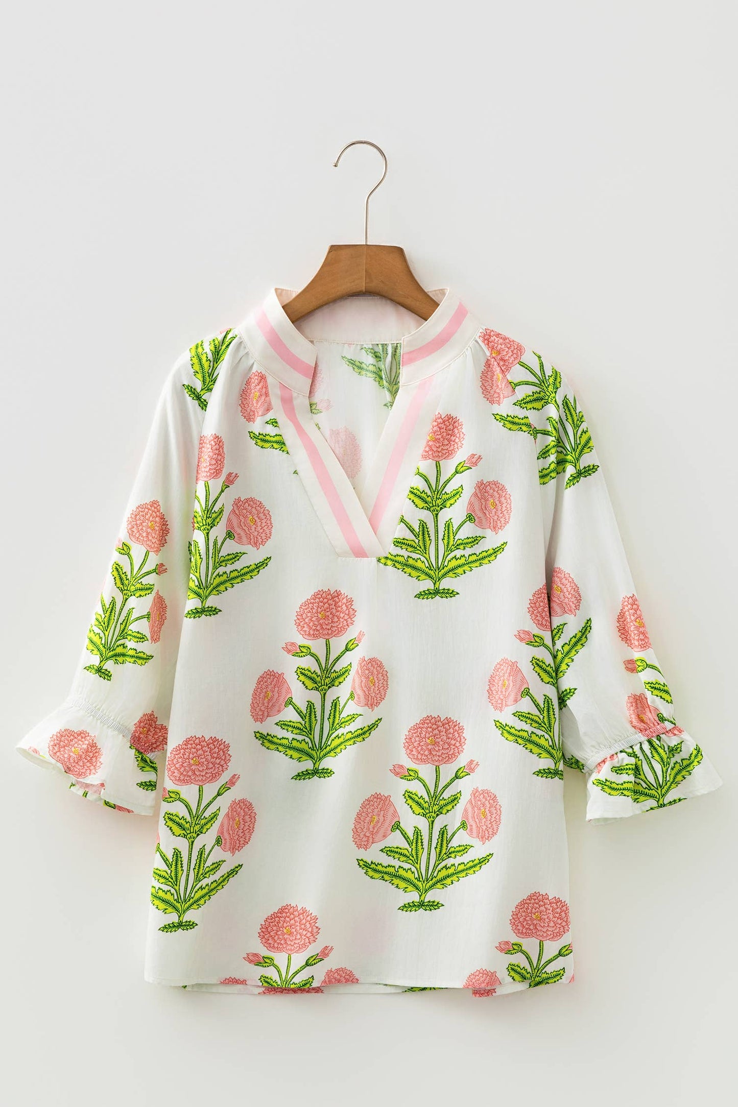 Summer Wild Flower Print V Neck 3/4 Sleeve Blouse