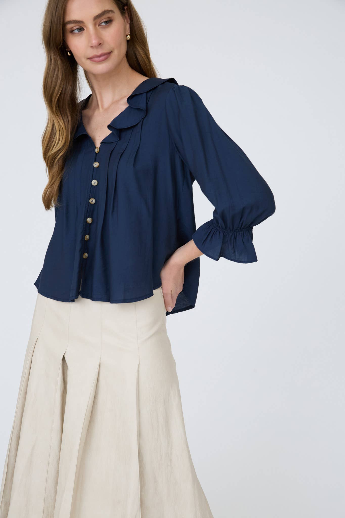 RUFFLED V NECK BUTTON DOWN 3/4 SLEEVE BLOUSE (PRE-ORDER)