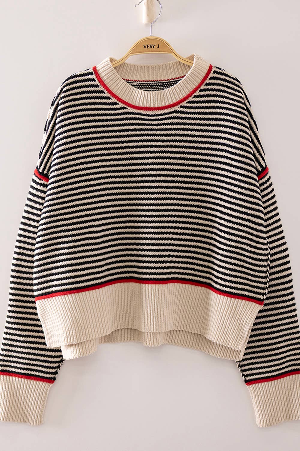 12W3691N-Contrast Trim Stripe Knit Sweater