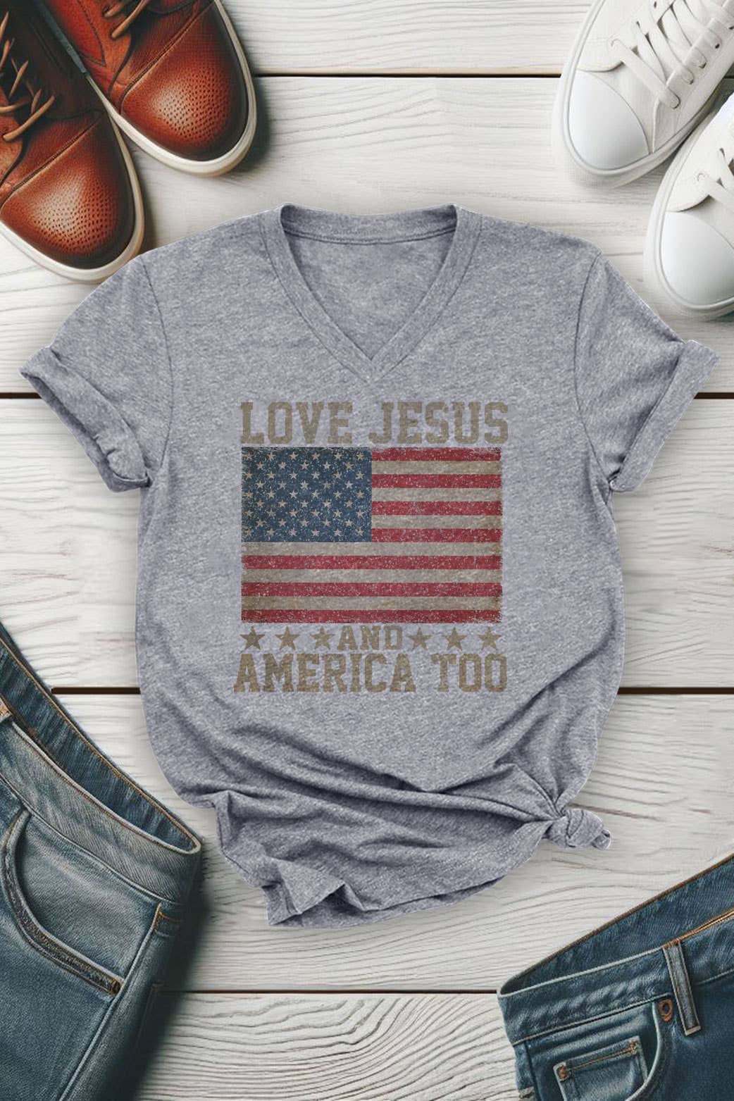 Love Jesus and America Too, 4th of July, Unisex V-neck T-Shirt