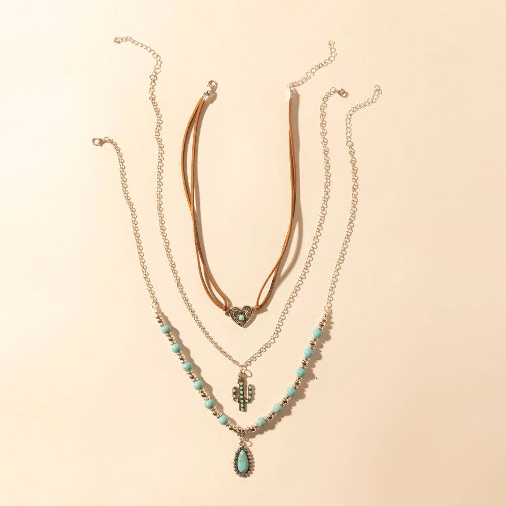 Boho Mesa Layered Necklace for Women with turquoise bead and cactus pendant detail for western wear