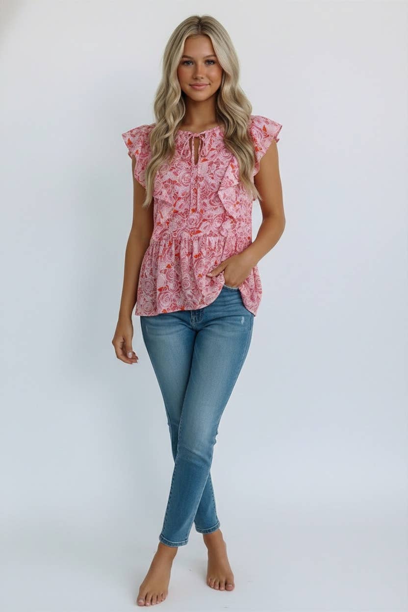KEYHOLE RUFFLE BABYDOLL SLEEVELESS FLORAL BLOUSE
