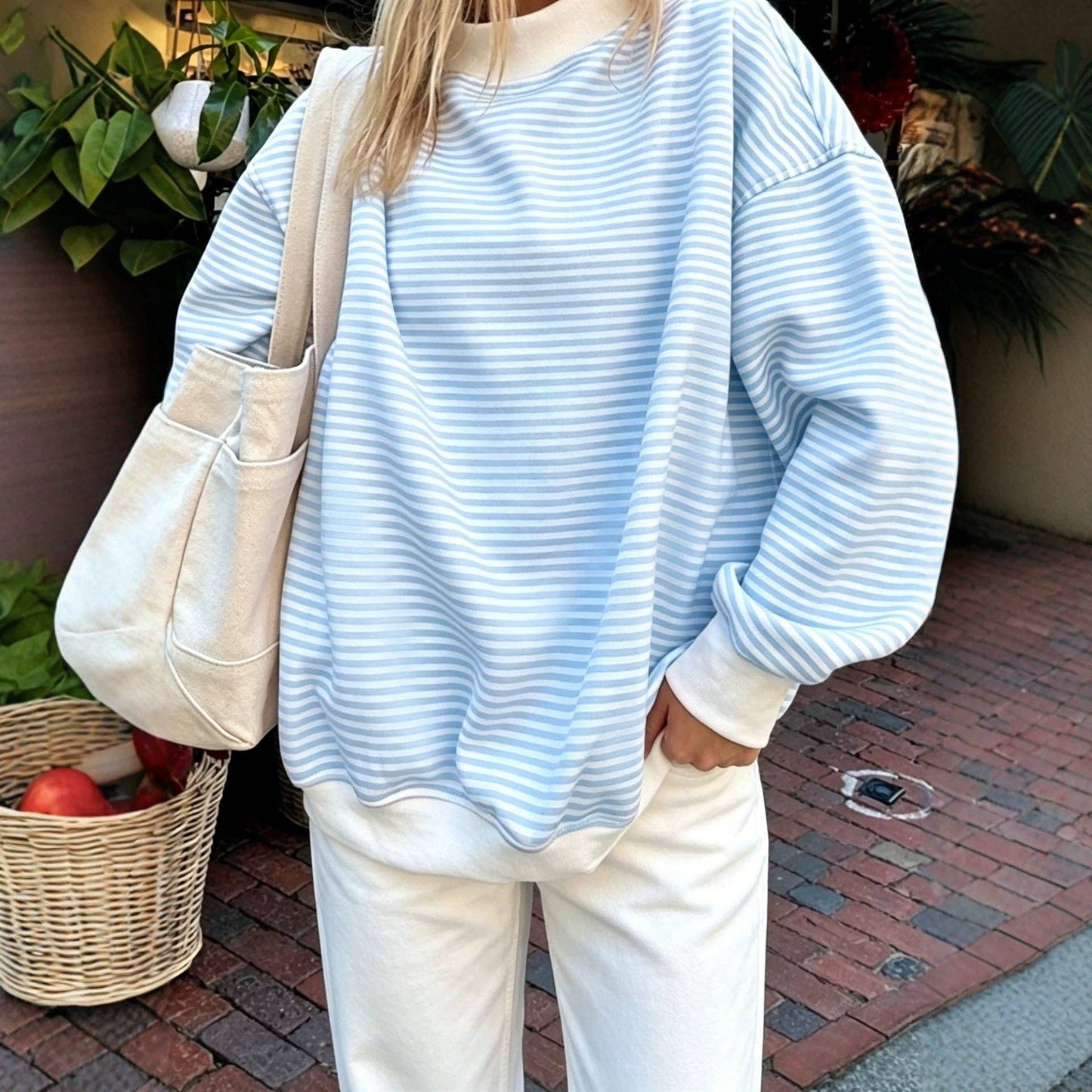Striped Cotton Sweatshirt Oversized Long Sleeve Top