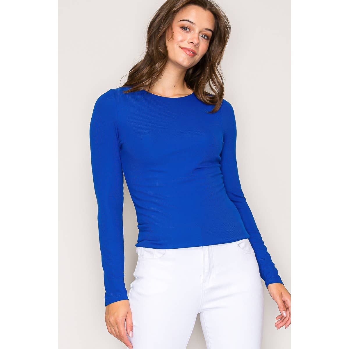 Double Layer Crew Neck Long Sleeve Rib Knit Top