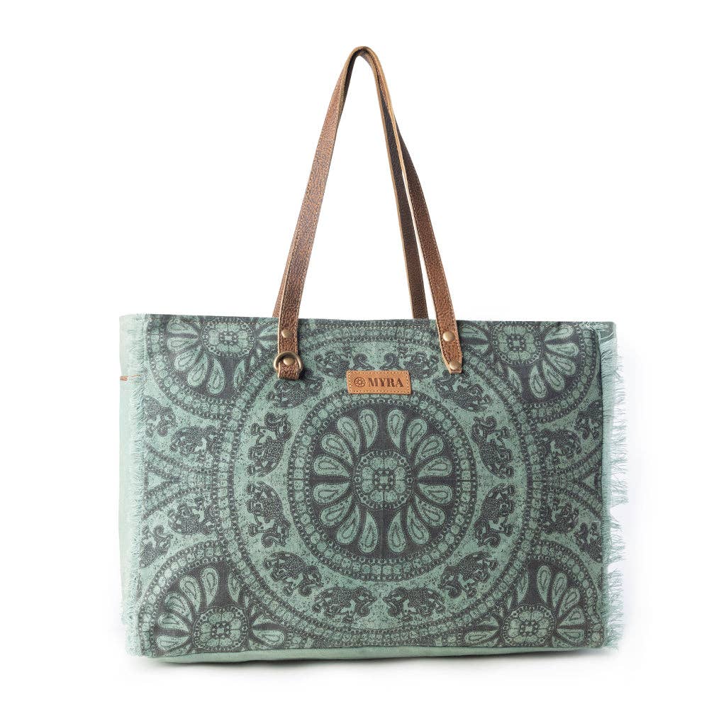 Wildtusk Weekender Bag for Women in green with vintage print detail