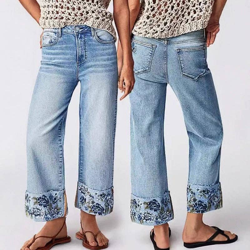 Women's Mid-Rise Straight Leg Jeans with Embroidered Cuffs