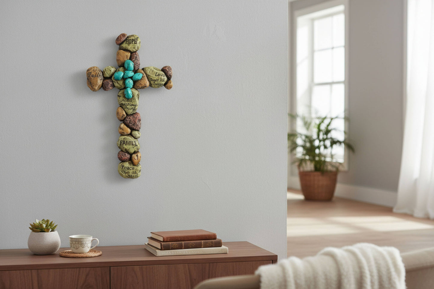 Polyresin Turquoise Pebble Inspirational Wall Cross Décor