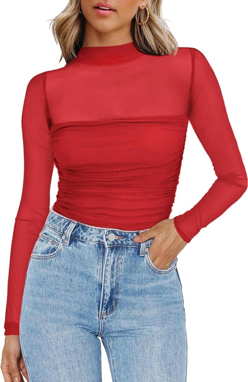 Solid Mesh Long Sleeve Top