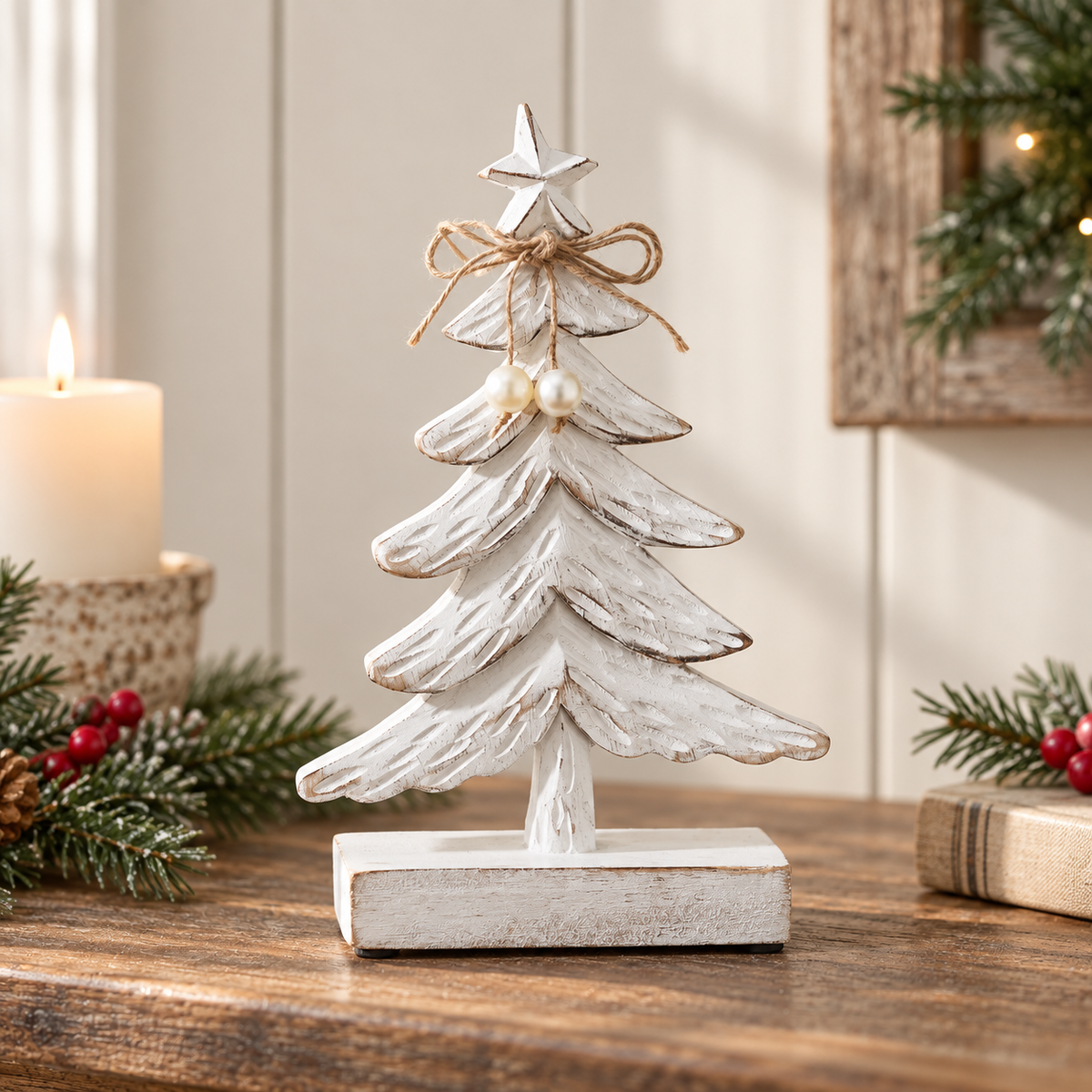White Wooden Tree Small 9.5x6x2.25 Festive Fir