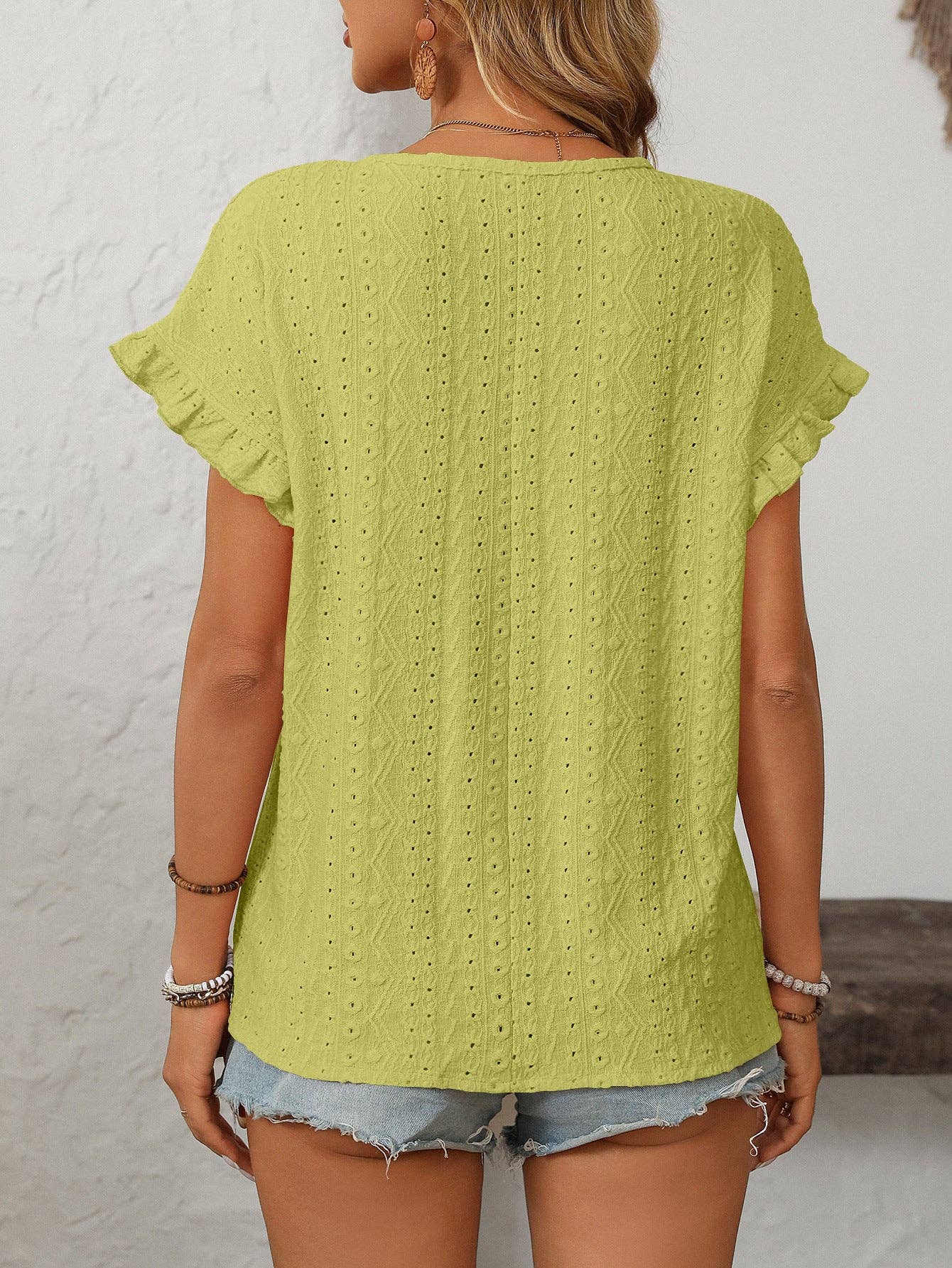 Solid Color Crewneck Sweet Short-Sleeve Hollow-Out Top