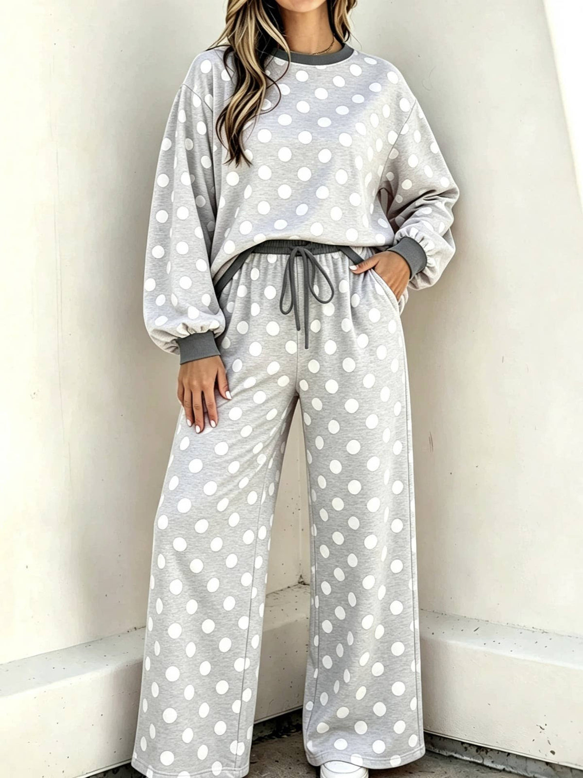Casual Versatile Two Tone Polka Dots Crewneck Top 2PC Set