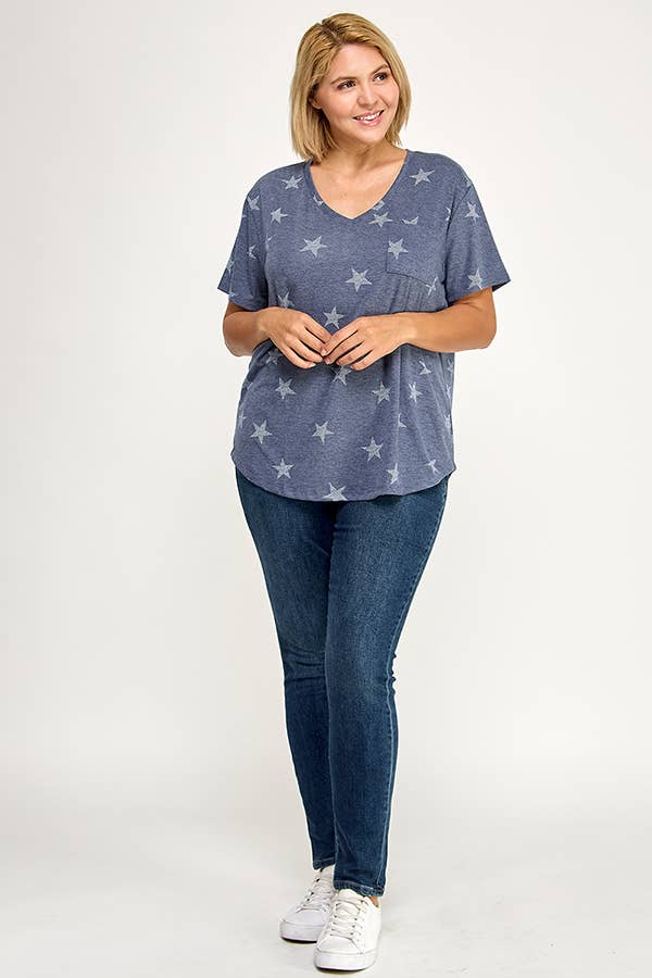 V NECK SHORT SLEEVE TEE WITH STAR PRINT