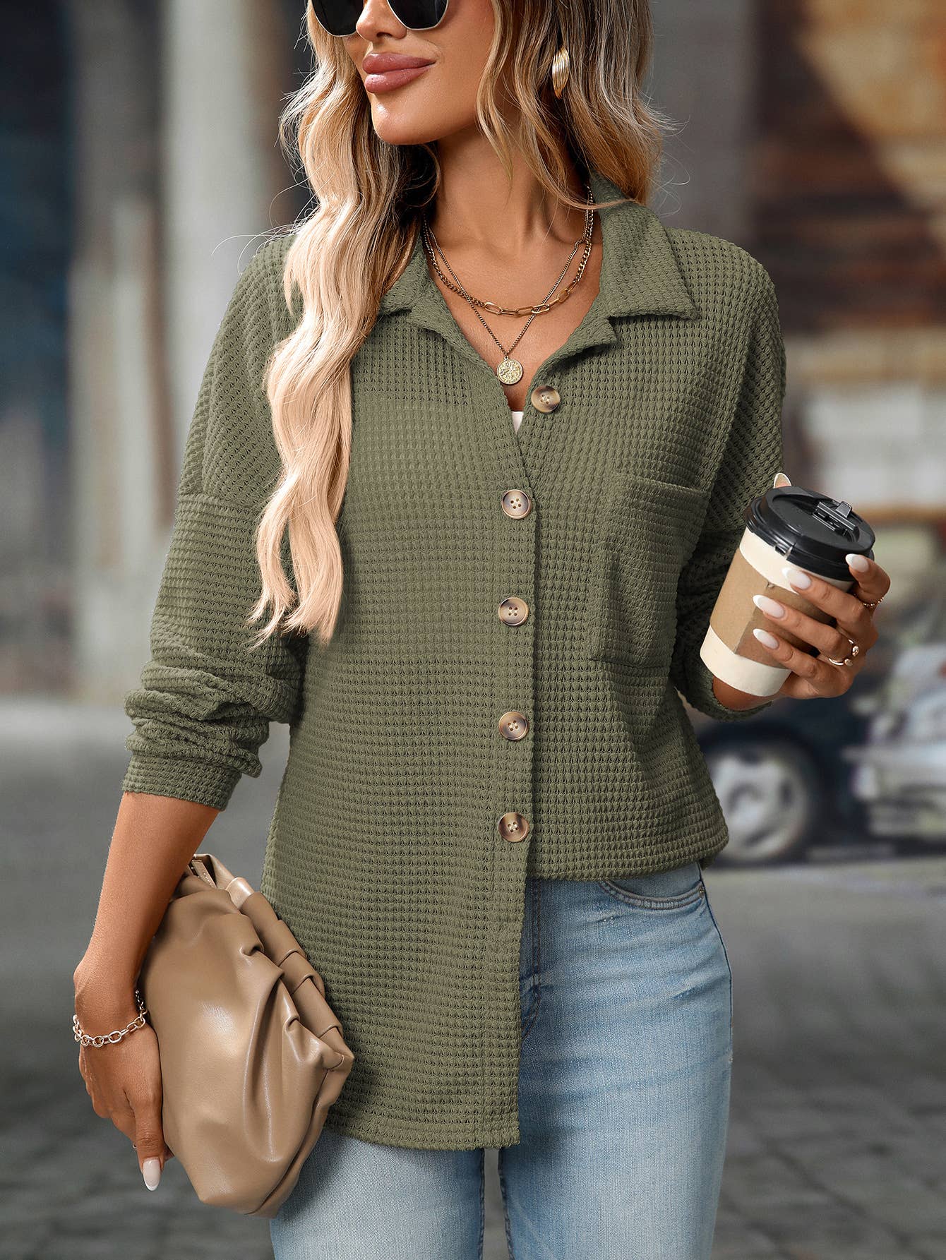Waffle Knit Button Down Shacket Relaxed Fit Jacket