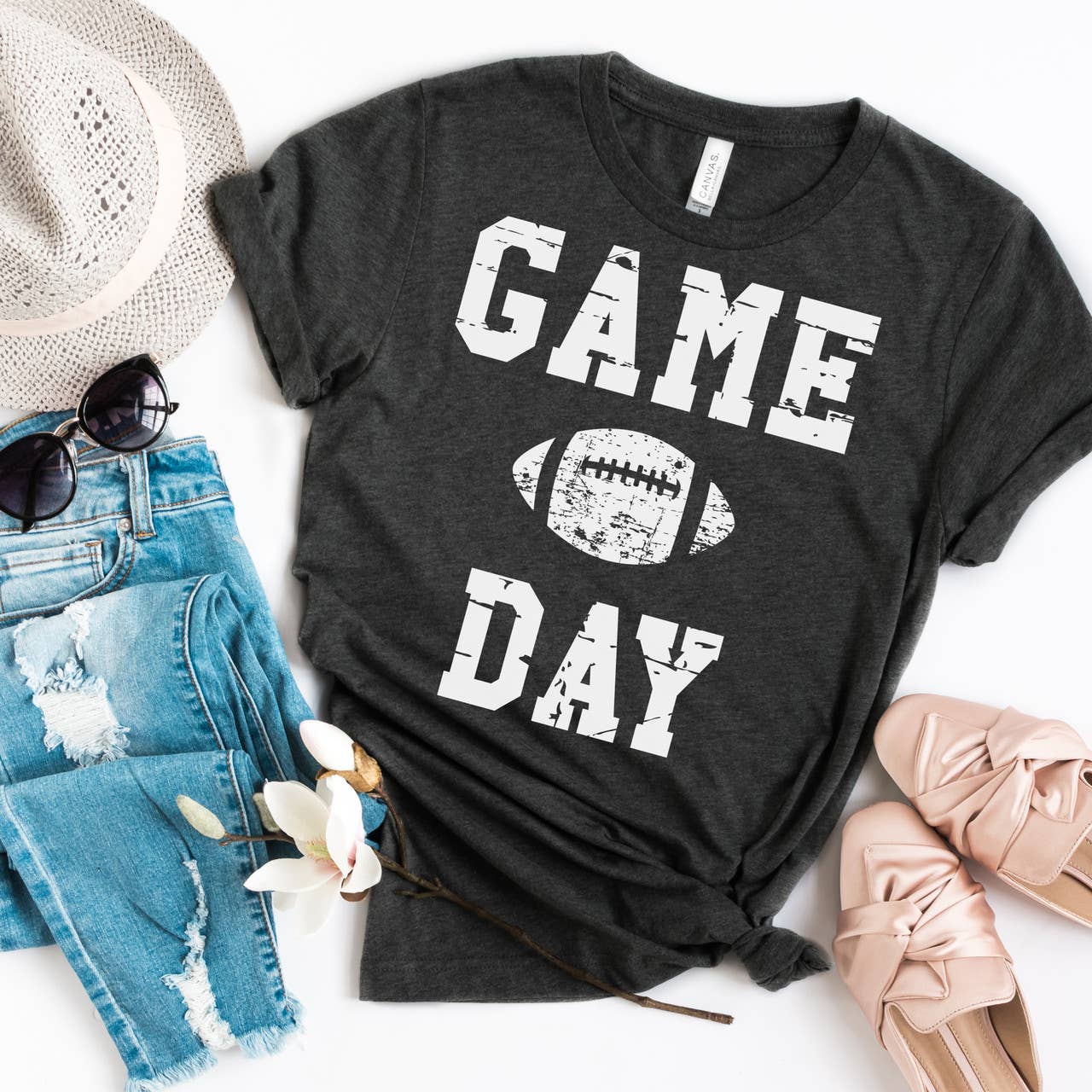 Football Game Day Charcoal Tee White Ink
