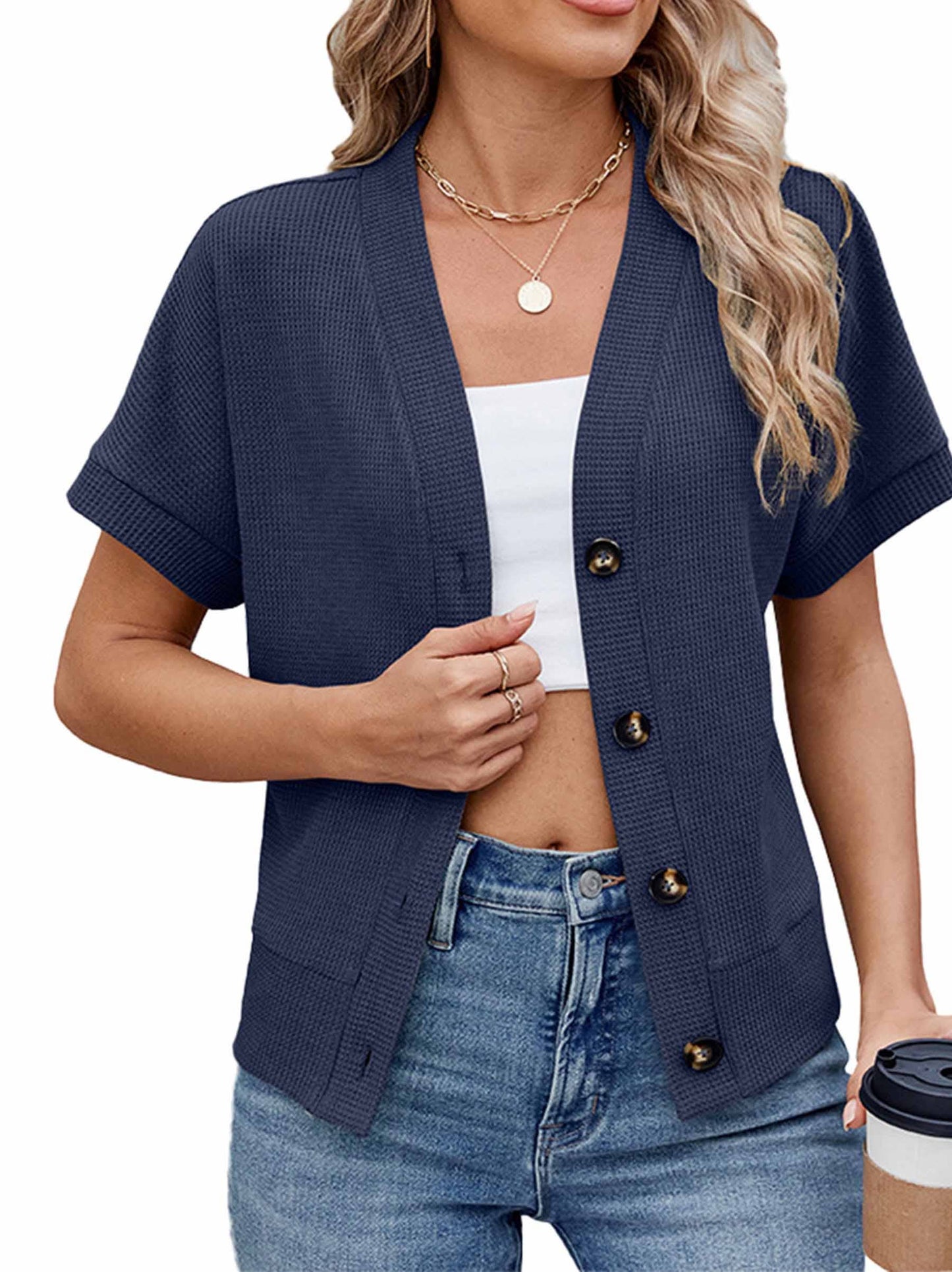 Solid Color Button Loose Short Sleeved Top