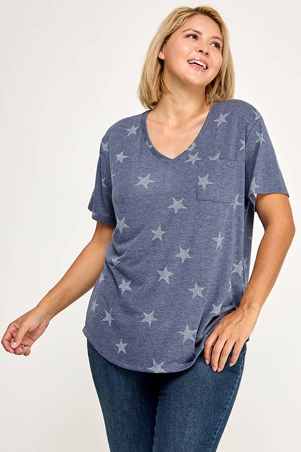 V NECK SHORT SLEEVE TEE WITH STAR PRINT