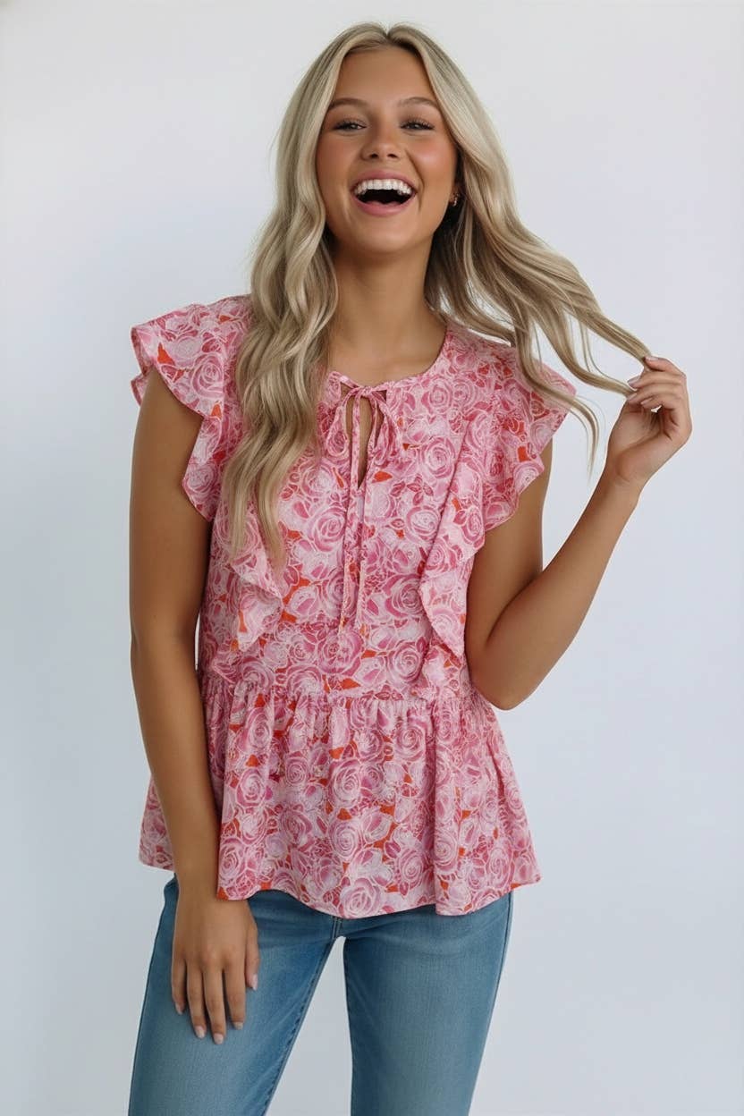 KEYHOLE RUFFLE BABYDOLL SLEEVELESS FLORAL BLOUSE