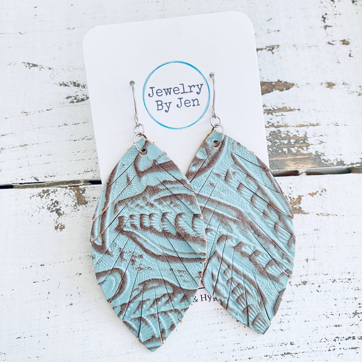 Fringe Leaf Earrings: Turquoise & Brown Western Tooled
