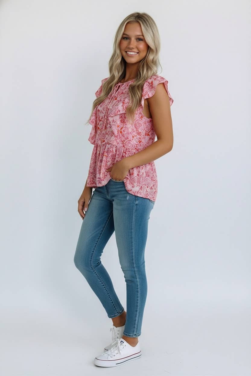 KEYHOLE RUFFLE BABYDOLL SLEEVELESS FLORAL BLOUSE