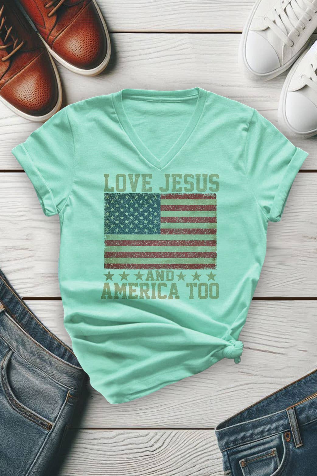 Love Jesus and America Too, 4th of July, Unisex V-neck T-Shirt