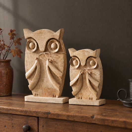 Large Carved Mango Wood Owl Figurines Set of 2