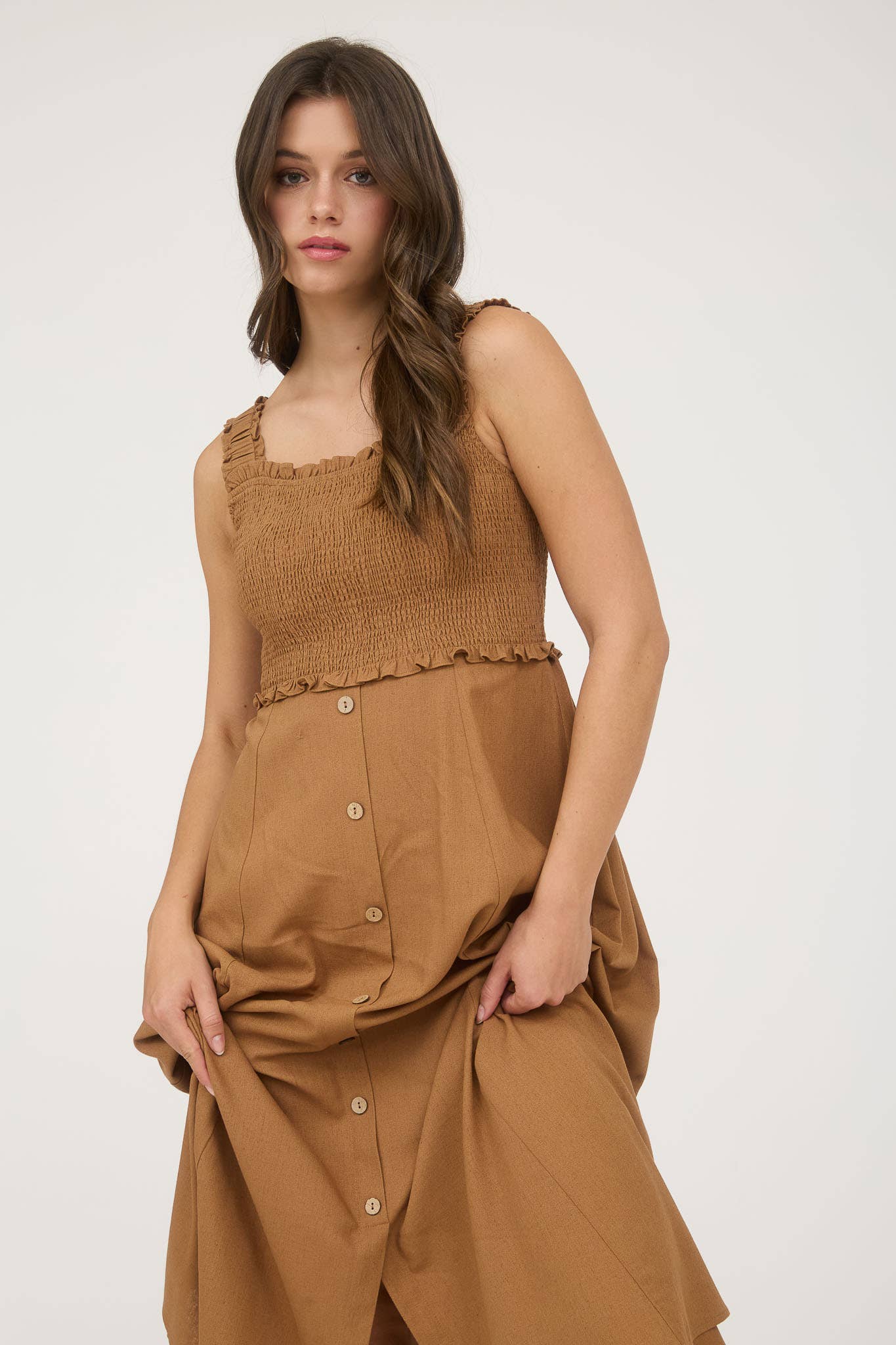 SMOCKED SLEEVELESS BUTTON DOWN MIDI DRESS