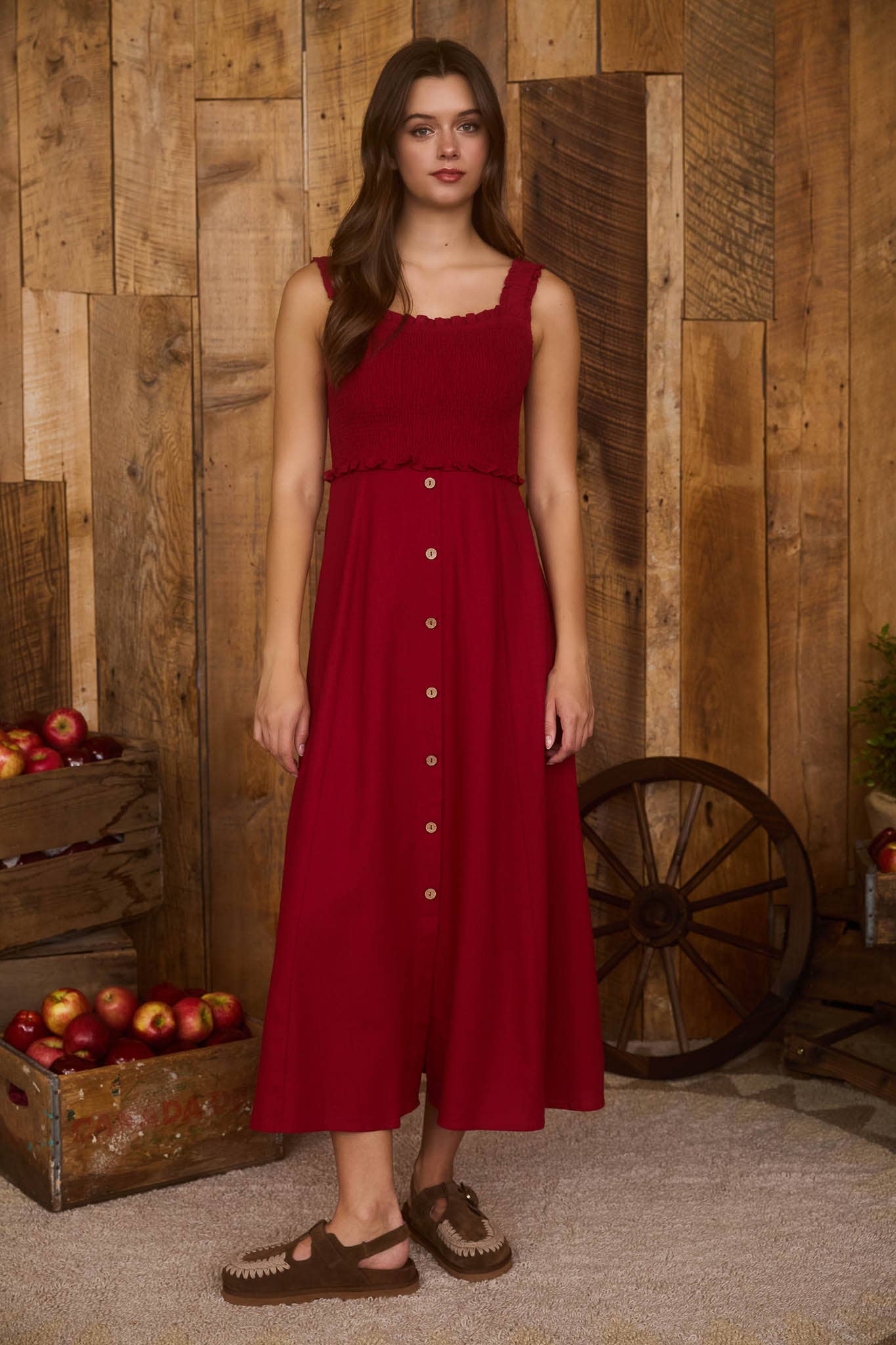 SMOCKED SLEEVELESS BUTTON DOWN MIDI DRESS