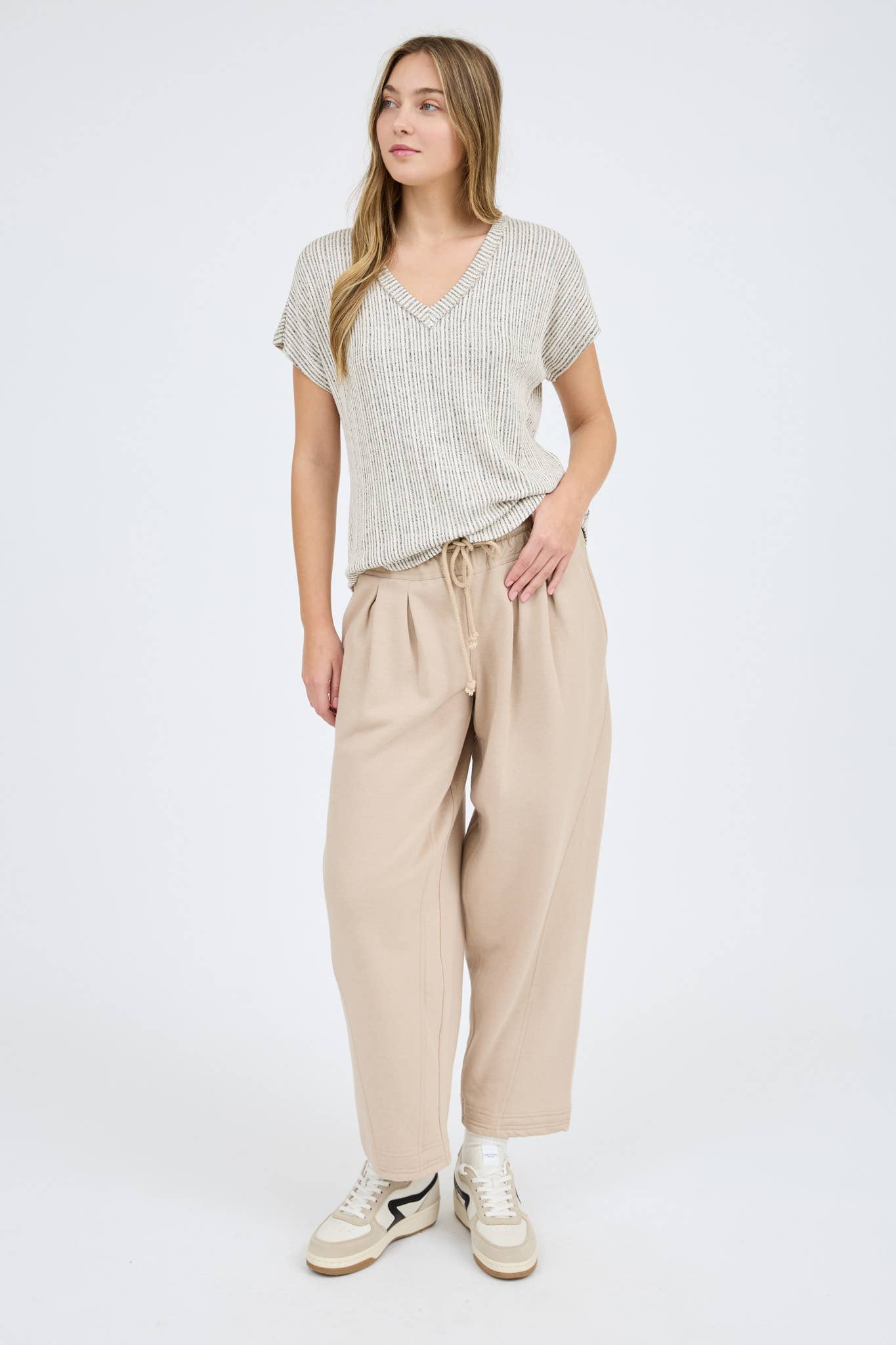 PLUS V NECK EXTENDED SHORT SLEEVE SWEATER KNIT TOP