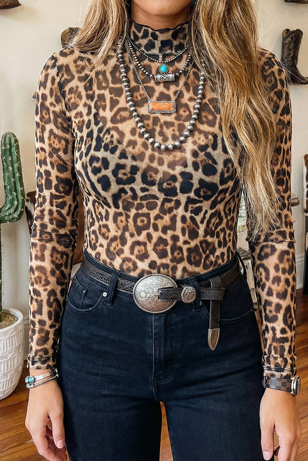 LDC Leopard Slim Fit Floral Mesh Long Sleeve Mock Neck Top