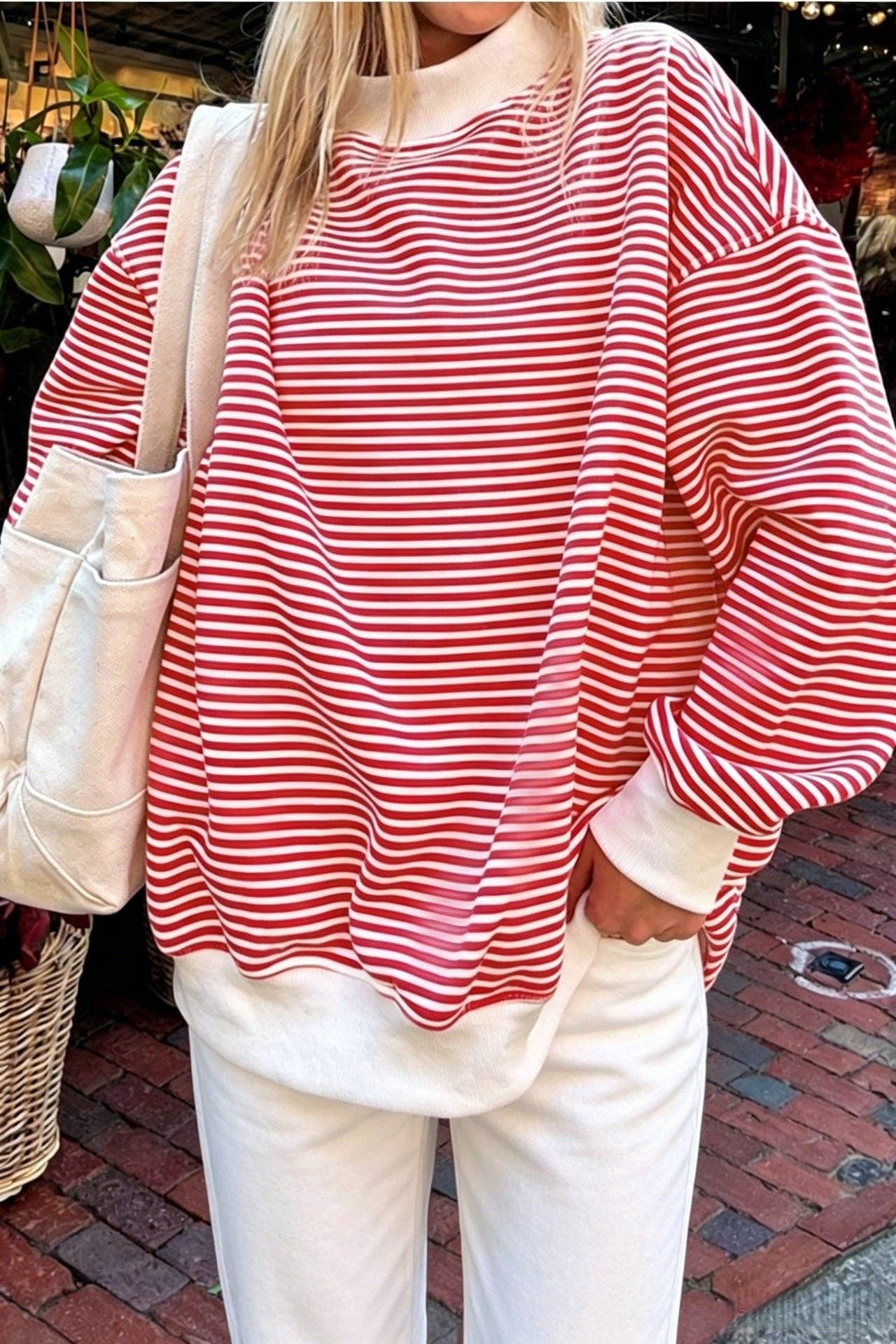 Striped Cotton Sweatshirt Oversized Long Sleeve Top
