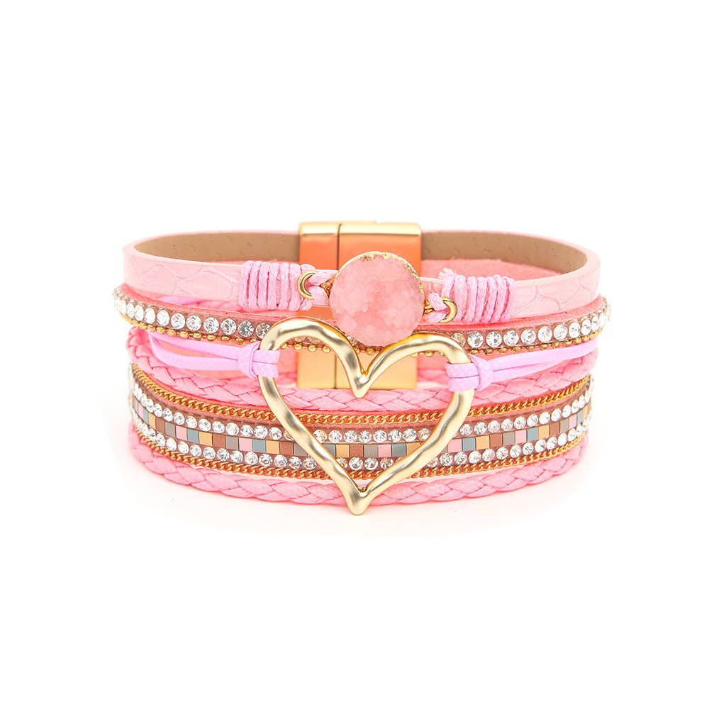Boho Layered Heart Charm Rhinestone Magnetic Bracelet