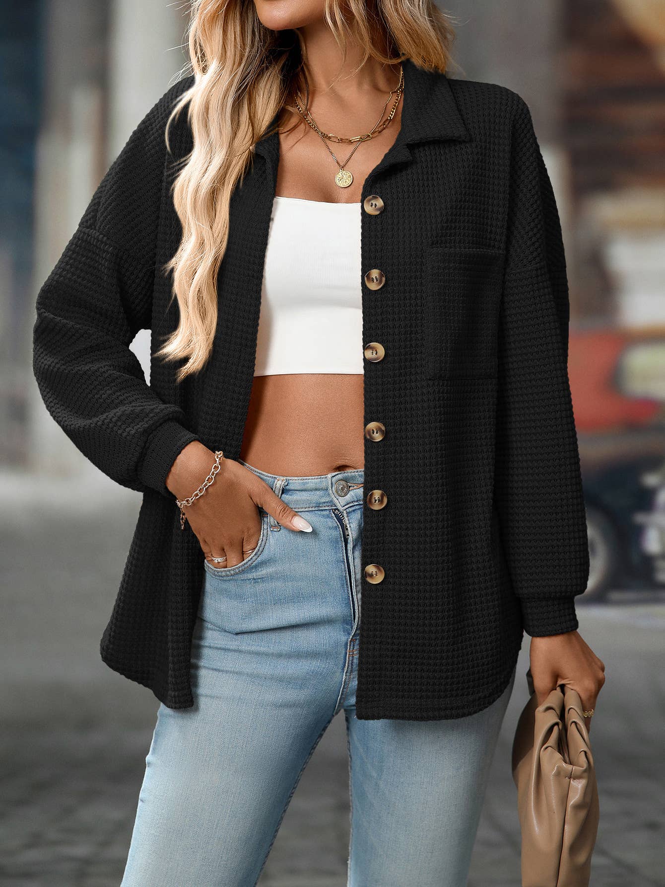 Waffle Knit Button Down Shacket Relaxed Fit Jacket