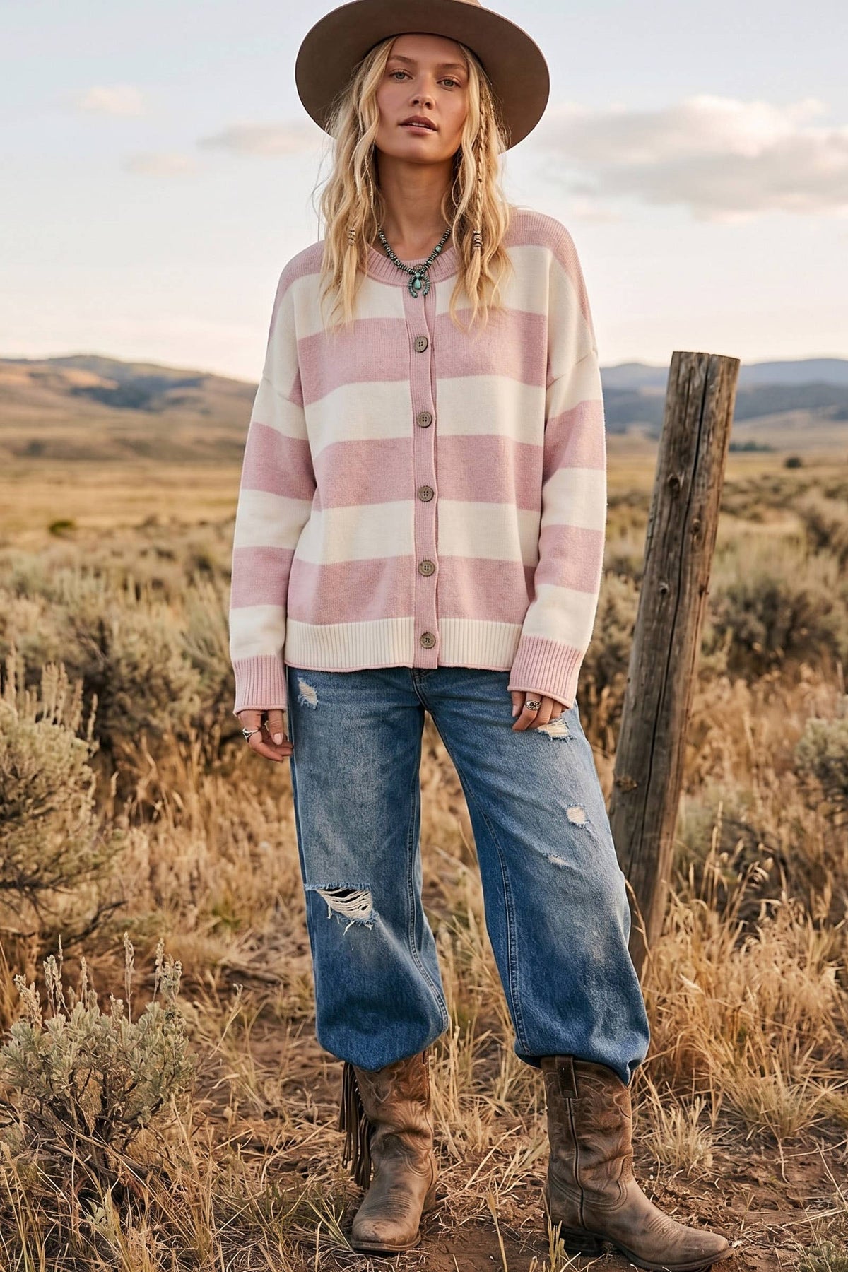 Oversized Stripe Button Front Sweater Cardigan