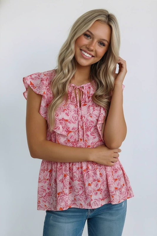 KEYHOLE RUFFLE BABYDOLL SLEEVELESS FLORAL BLOUSE