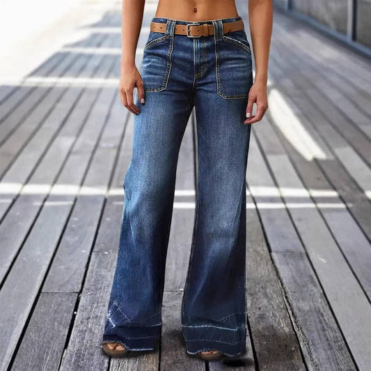 Light wash high-waist wide-leg denim jeans front, deep blue with subtle fading, contrast stitching and elongated silhouette